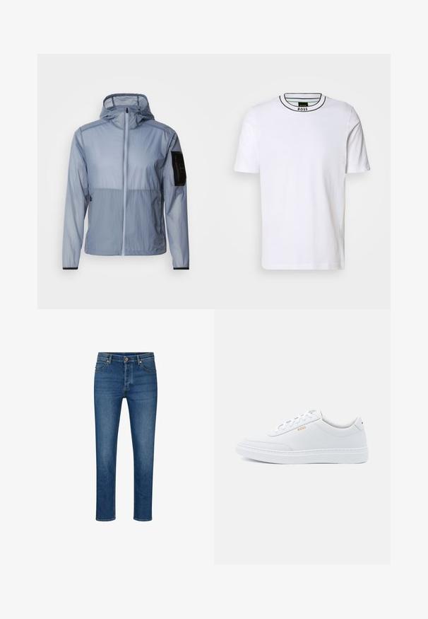 Helleblaue, leichte Jacke mit durchgehendem Reißverschluss, verstellbarem Kapuzen und schwarzem Taschen auf dem linken Ärmel. Glatte Textur und minimalistisches Design.; Weißes Kurzarm-T-Shirt mit einem schwarz-grünen gerippten Rundhalsausschnitt. Verfügt über eine dezente Textur, keine Muster und hat ein schlankes Design.; Blaue Denim-Jeans mit geradem Schnitt, ausgestattet mit fünf Taschen, Gürtelschlaufen und einem Knopfverschluss. Leichte Abnutzungsspuren und kontrastierende Nähte.; Weiße Leder-Sneaker mit glatter Textur, runder Zehenpartie und tonal abgestepptem Design. Mit blauen Schnürsenkeln und einem goldenen Logo an der Seite.