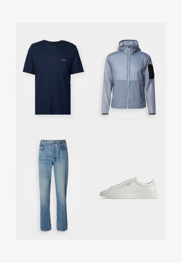 Lichtblauwe, lichtgewicht jas met een volledige rits, verstelbare capuchon en een zwarte zak op de linkermouw. Gladde textuur en een minimalistisch ontwerp.; Marineblauwe t-shirt met korte mouwen van katoen, met een ribbeltextuur en een klein wit "BOSS" logo op de linkerkant van de borst.; Lichtblauwe rechte spijkerbroek met een hoge taille, een frontknop, ritssluiting en een vijf-pocket ontwerp.; Witte lage leren sneaker met veters, platte zool en klein gouden "BOSS" logo aan de zijkant, gezien vanaf de buitenkant.