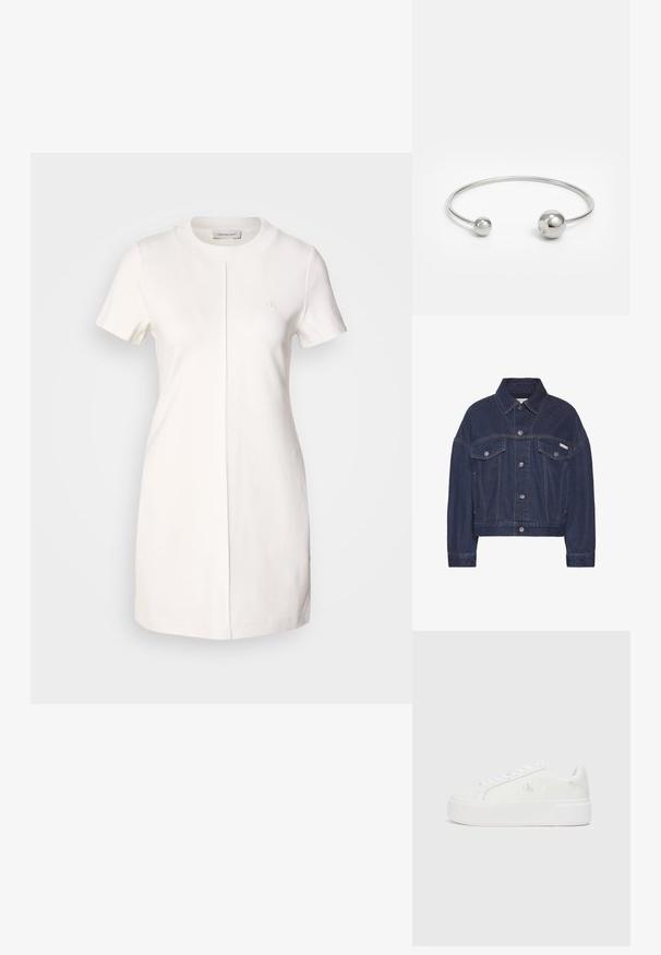 Mørkeblå denimjakke med knaplukning, to brystlommer med klap, lange ærmer og et lille Calvin Klein-logo på højre lomme.; Calvin Klein Jeans MILANO T SHIRT DRESS - Jerseykjole - tofu; Hvide platform sneakers med en glat læderoverdel, rund tå, hvide snørebånd og diskret logo-detalje på siden. Flad gummisål.; Sølvmetal bangle armbånd med to sfæriske accenter i hver ende, glat overflade, åben design og slank, minimalistisk form.