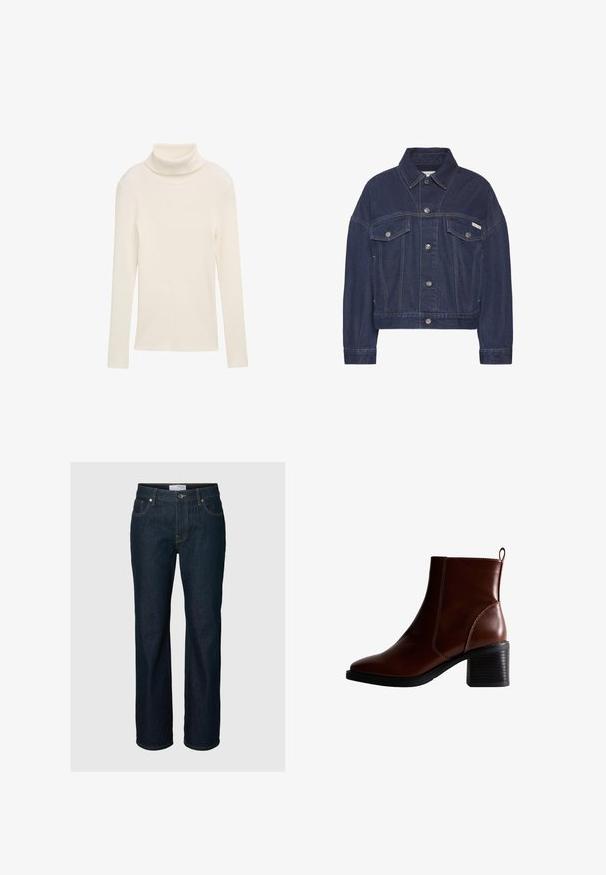 Donkerblauwe denim jas met knoopsluiting, twee borstflapzakken, lange mouwen en een klein Calvin Klein-logo op de rechterzak.; Creme trui met een col, gemaakt van ribbelstof. Lange mouwen en een getailleerde silhouette. Geen zichtbare patronen of hardwareaccenten.; Donkerblauwe straight-leg spijkerbroek met vijf zakken, knoopsluiting en contraststiksels, afgebeeld op een effen achtergrond.; Bruin lederen enkellaars met een vierkante neus en zijnaad, een gestapelde hak van 7,5 cm en een lus aan de achterkant voor gemakkelijk aan- en uittrekken.
