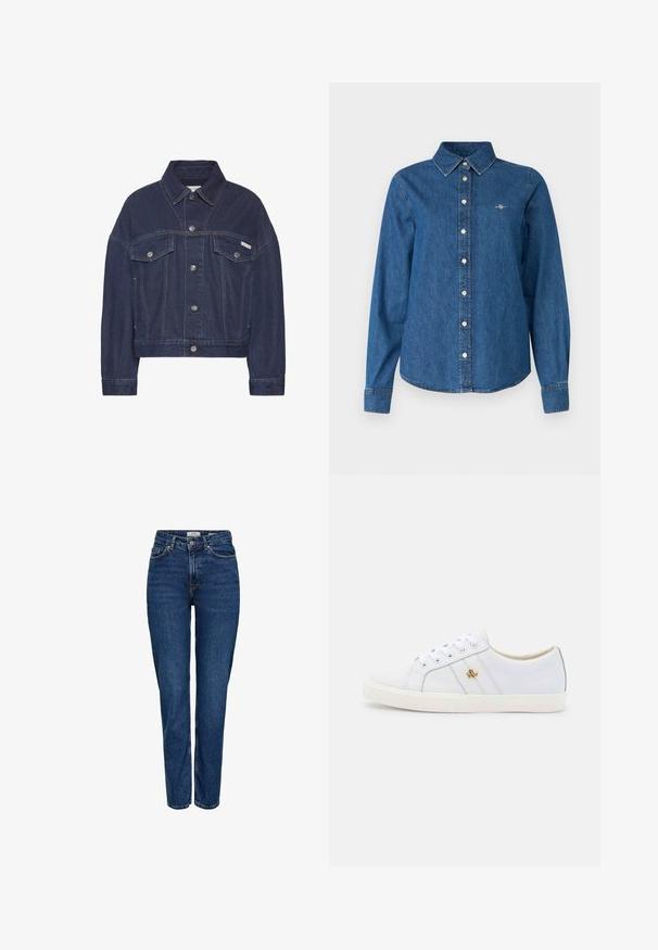 Donkerblauwe denim jas met knoopsluiting, twee borstflapzakken, lange mouwen en een klein Calvin Klein-logo op de rechterzak.; GANT REG - Overhemdblouse - indigo; Donkerblauwe spijkerbroek met rechte pijpen, hoge taille, vijf zakken, lichte stiksels en een subtiele textuur.; Lauren Ralph Lauren JANSON II ACTION LEATHER SNEAKER - Sneakers laag - real white