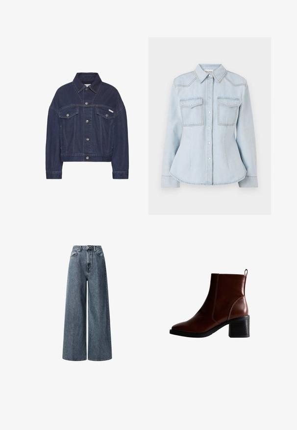 Dunkelblaue Jeansjacke mit Knopfverschluss, zwei Brusttaschen mit Klappen, langen Ärmeln und einem kleinen Calvin Klein-Logo auf der rechten Tasche.; Hellblaues Denim-Hemd mit tailliertem Design, spitzem Kragen, zwei Brusttaschen und kontrastierenden Nähten. Verfügt über eine Knopfleiste und lange Ärmel.; Weite, hoch geschnittene Jeans in dunkelblauem Denim. Mit klassischen Fronttaschen, Gürtelschlaufen und einem Reißverschluss mit Metallknopf.; Braune Leder-Ankle-Boots mit quadratförmiger Spitze und seitlicher Naht, einem 7,5 cm hohen Blockabsatz und einem Ziehhilfen an der Rückseite für einfaches An- und Ausziehen.