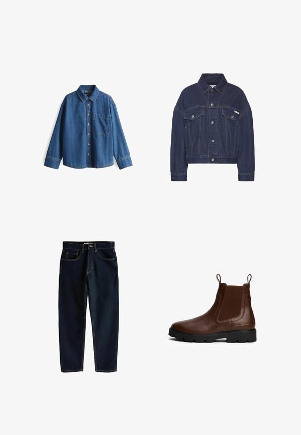 Dunkelblaue Jeansjacke mit Knopfverschluss, zwei Brusttaschen mit Klappen, langen Ärmeln und einem kleinen Calvin Klein-Logo auf der rechten Tasche.; Jeanshemd, hellblau, langärmlig, Knopfleiste vorne, Kragen, eine Brusttasche, kontrastierende Nähte und ein lässiger Schnitt.; Next COLUMN TALL - Jeans Tapered Fit - rinse blue; Braune Leder Chelsea-Boots mit elastischen Seiteneinsätzen, Zuglaschen, schwarzer Gummisohle und goldfarbenem Logodetail an der Seite. Glatte Textur.