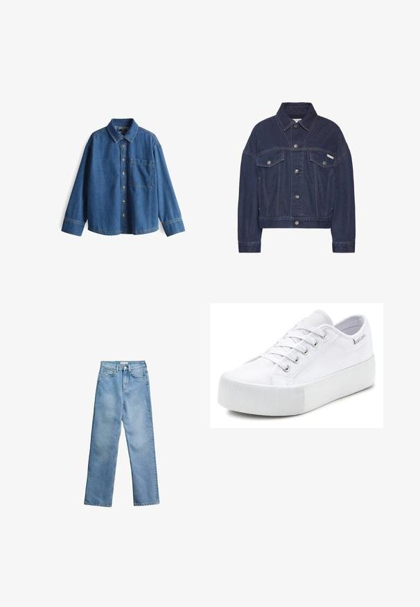 Donkerblauwe denim jas met knoopsluiting, twee borstflapzakken, lange mouwen en een klein Calvin Klein-logo op de rechterzak.; Denim shirt, lichtblauw, lange mouwen, knopenlijst aan de voorkant, kraag, enkele borstzak, contrasterende stiksels en een ontspannen pasvorm.; Lichtblauwe jeans met hoge taille en rechte pijpen, voorzien van een voorste knoop en rits, taillebandlussen en een ontwerp met vijf zakken, afgebeeld tegen een witte achtergrond.; Witte lage leren vetersneakers met dikke rubberen zool en een gestructureerde neuskap, met een stoffen bovenwerk en een merketiket aan de kraag.
