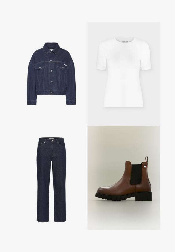 Mørkeblå denimjakke med knaplukning, to brystlommer med klap, lange ærmer og et lille Calvin Klein-logo på højre lomme.; Hvid T-shirt med rund hals, korte ærmer, slank pasform og ribbet stofstruktur, vist på en ensfarvet lys grå baggrund.; Gestuz SUMMER WIDE - Wide leg - unwashed denim; Brun læder Chelsea-støvle med sort elastisk sidepanel, kraftig sort sål, hæl-strop og lille rektangulært logo på den øvre side.