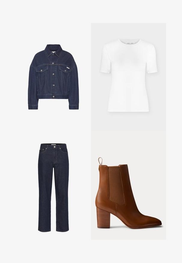 Dunkelblaue Jeansjacke mit Knopfverschluss, zwei Brusttaschen mit Klappen, langen Ärmeln und einem kleinen Calvin Klein-Logo auf der rechten Tasche.; Weißes T-Shirt mit kurzen Ärmeln und Rundhalsausschnitt, schlanker Passform und gerippter Stoffstruktur, dargestellt vor einem schlichten hellgrauen Hintergrund.; Gestuz SUMMER WIDE - Wide Leg - unwashed denim; Brauner Leder-Stiefelette mit Blockabsatz, elastischen Seiteneinsätzen und Zuglasche hinten, im Profil vor einfarbigem Hintergrund gezeigt.