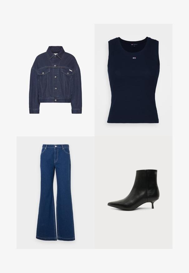 Chaqueta de mezclilla azul oscuro con cierre de botones, dos bolsillos con solapa en el pecho, mangas largas y un pequeño logo de Calvin Klein en el bolsillo derecho.; Top sin mangas de algodón azul marino con textura acanalada, escote redondo y un pequeño logo bordado en el pecho. Diseño ligero y ajustado.; Jeans acampanados de un azul oscuro, fabricados en denim. Incluyen bucles para cinturón, bolsillos frontales y costuras en contraste. Apertura de pierna amplia.; Botín de piel negra con puntera puntiaguda y tacón bajo estilo kitten sobre fondo claro, mostrando vista lateral exterior.