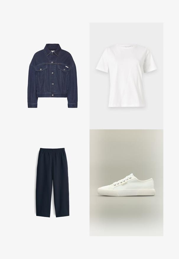 Dunkelblaue Jeansjacke mit Knopfverschluss, zwei Brusttaschen mit Klappen, langen Ärmeln und einem kleinen Calvin Klein-Logo auf der rechten Tasche.; Weißes Baumwoll-T-Shirt mit kurzen Ärmeln, Rundhalsausschnitt und lockerer Passform. Glatte Textur, keine Muster oder Akzente, minimalistisches Design.; Marineblaue Hose aus glattem Stoff, mit elastischem Bund, zwei Seitentaschen und einem entspannten Schnitt mit geraden Beinen.; Weißer Low-Top Canvas-Sneaker mit strukturierter Gummisohle, weißen Schnürsenkeln und kleinem Calvin Klein-Label an der Seite.