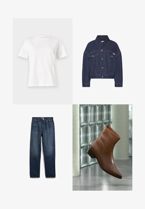 Donkerblauwe denim jas met knoopsluiting, twee borstflapzakken, lange mouwen en een klein Calvin Klein-logo op de rechterzak.; Witte katoenen t-shirt met korte mouwen, ronde halslijn en een ontspannen pasvorm. Gladde textuur, geen patronen of accenten, minimalistisch ontwerp.; Donkerblauwe jeans met rechte pijpen, voorzakken, riemlussen en een knoopsluiting, plat op een witte achtergrond gelegd.; Bruine leren enkellaars met lage hak en zijrits, afgebeeld tegen een achtergrond van glasblokken en een gladde vloer.