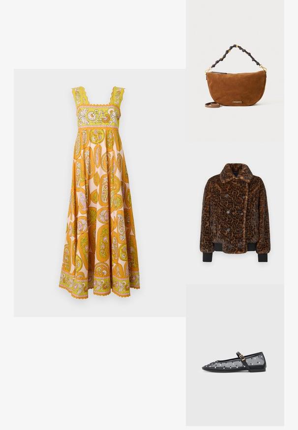 Brun leopardmønstret faux fur jakke med dobbelbrystede knapper, krave og sorte ribbede mansjetter. Tekstureret, blød finish.; Maxi kjole i livlige orange og gule polyester med paisley mønster. Har skællede stropper og dekorativt trim langs udskæringen og kanten.; Sorte transparente ballet flats med spids tå, flad sål og spænde, pyntet med metalliske polkaprikker.; Brun ruskind halvmåne taske med en knyttet mørk rem og gulddetaljer, med en lille rektangulær logo-plade foran.