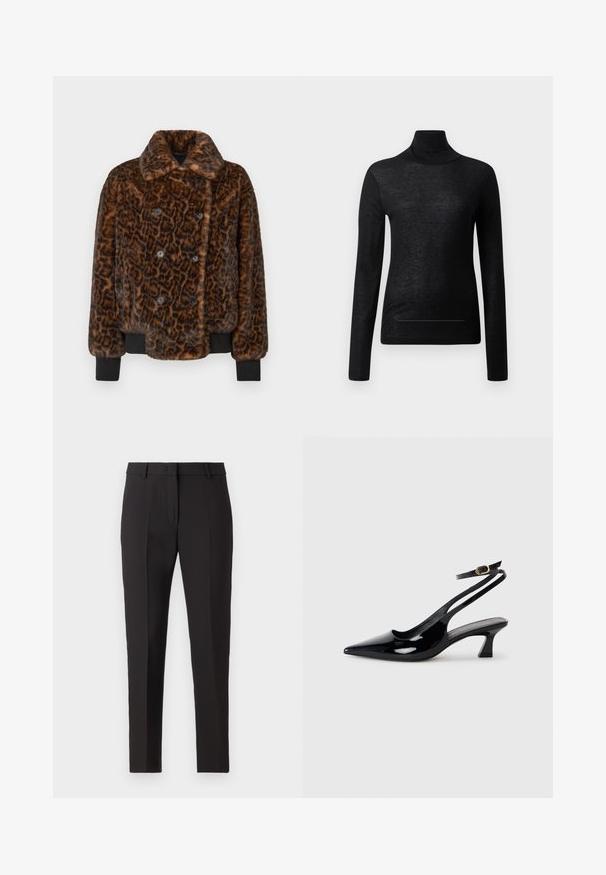 Veste en fourrure synthétique à imprimé léopard marron avec des boutons double boutonnage, un col et des poignets côtelés noirs. Fini texturé et doux.; Haut noir à manches longues et col roulé en tissu léger, avec une coupe ajustée et des détails de couture minimaux, idéal pour le superposition.; Pantalon noir ajusté avec une coupe droite, doté d'un devant plat, de passants de ceinture et sans motifs ni embellissements visibles.; Escarpins à brides arrière en cuir verni noir, à bout pointu, avec un petit talon carré et une sangle de cheville ajustable dotée d'une boucle dorée.