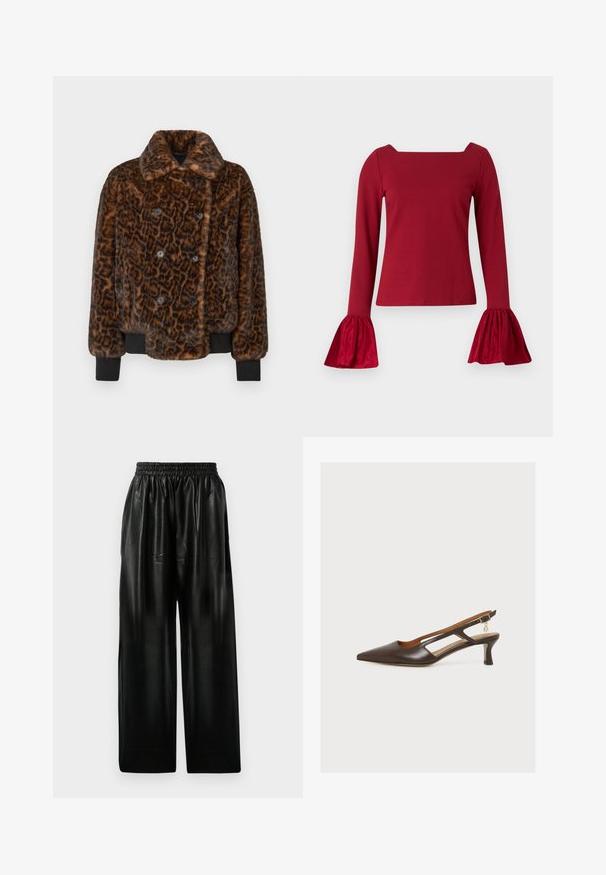 Ruskean laikkuprintillä varustettu faux-fur-takki, jossa on kaksoisnapitus, kaulus ja mustat ribbineulotut hihat. Rakenne on pehmeä ja tekstuuri on miellyttävä.; Punainen pitkähihainen paita, jossa on neliskulmainen pääntie. Varustettu levenevillä, teksturoiduilla hihoilla ja sileällä vartalolla. Valmistettu pehmeästä kankaasta.; Mustat nahkaiset väljät housut, joissa on joustava vyötärö, kahdella sivutaskulla ja sileällä, kiiltävällä pinnalla.; Tummanruskea kärjest terävä slingback-kengät keskikorkealla korolla, sivuissa leikkaukset ja pieni kultainen riipus nilkkaremmin soljessa.