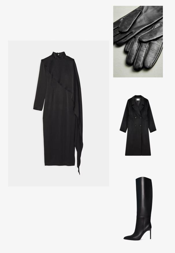 NA-KD Mantel - black; Materiel SCARF DRESS - Galajurk - black; Kniehoge zwarte leren stiletto-laars met spitse neus. Gladde textuur, gestructureerd ontwerp en een slanke hoge hak. Geen zichtbare hardware of patronen.; Zwarte leren handschoenen met een gladde textuur, voorzien van naden langs de vingers en een getailleerd ontwerp. Zacht, soepel materiaal voor comfort.