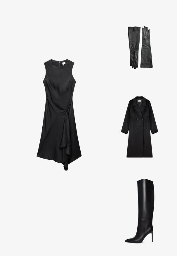 NA-KD Klassisk frakke - black; Ærmeløs sort kjole med rund halsudskæring og asymmetrisk draperet kant, med lynlås i ryggen.; Knæhøj sort læder stiletto støvle med spids tå. Glat tekstur, struktureret design og en slank høj hæl. Ingen synlig hardware eller mønstre.; Par lange sorte læderhandsker, den ene viser håndflade med tommelfinger, den anden viser bagsiden med udstrakte fingre.