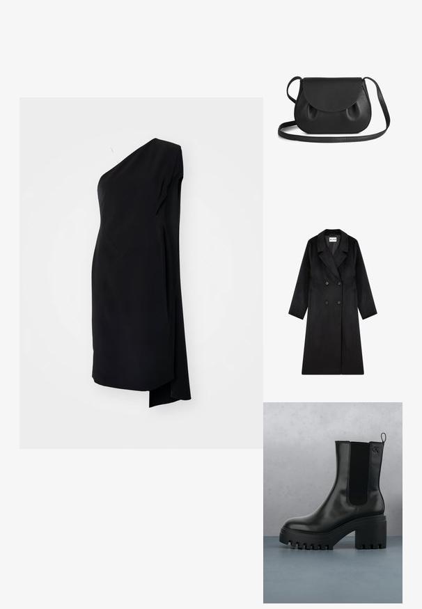 NA-KD Abrigo clásico - black; Vestido negro asimétrico con un hombro, hecho de una tela suave, que presenta un diseño drapeado y una abertura lateral para un detalle adicional.; Botín de cuero negro hasta el tobillo con puntera redonda, suela de plataforma gruesa y acentos de malla en los laterales. Cuenta con una lengüeta para facilitar el calzado.; Bolsa de cuero negro tipo bandolera con forma redondeada, que cuenta con un cierre con solapa y suaves detalles fruncidos. Correa ajustable para mayor comodidad.