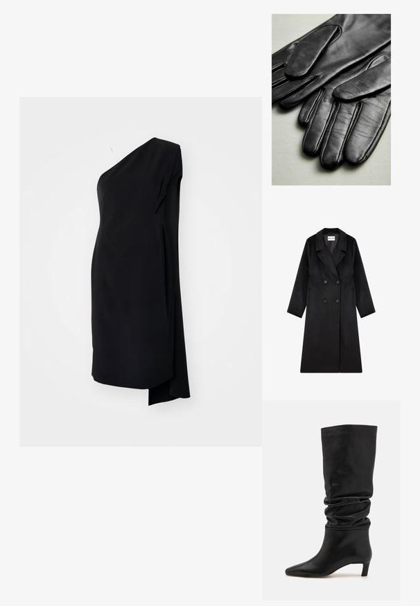 NA-KD Klassisk frakke - black; Sort asymmetrisk kjole med én skulder, lavet af glat stof, med en draperet design og en sideslids for ekstra detaljer.; Sorte knæhøje støvler lavet af glat læder, med en slouchy design, spids tå og en lav stablet hæl.; Sorte læderhandsker med glat tekstur, der har syninger langs fingrene og en tætsiddende design. Blødt, smidigt materiale for komfort.