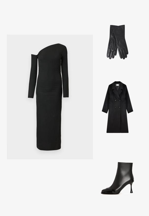 NA-KD Mantel - black; Zwarte, nauwsluitende, lange mouw jurk met een asymmetrische halslijn en geplooide zijdetail, gemaakt van ribbelstof.; Zwarte enkelboots van soepel leer met een glanzende neus, met een taps toelopende hak en een strak, figuurvormend ontwerp.; Set zwarte leren handschoenen met een gladde afwerking en minimale stiksels, plat neergelegd met de vingers gestrekt en licht overlappend.