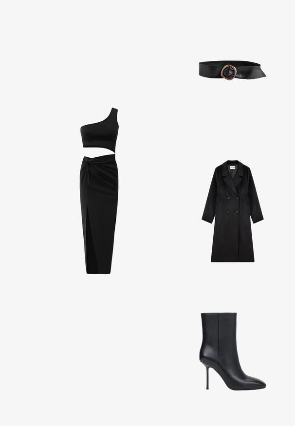 NA-KD Mantel - black; Zwart twee-delig outfit met een één-schouder crop top en hoge taille rok met een gedraaide detail en een zijsplit. Glad materiaal.; Zwarte leren enkellaars met puntige neus en dunne stilettohak, gladde textuur, zijaanzicht op witte achtergrond.; Zwarte leren riem met een brede band en een grote onregelmatige koperen metalen gesp.