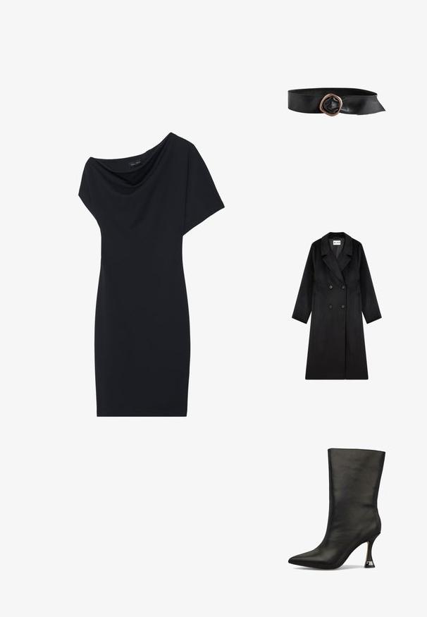 NA-KD Manteau classique - black; Robe noire avec un col drapé, des manches courtes et une silhouette ajustée. Fabriquée en tissu lisse, avec un design minimaliste.; Bottine en cuir noir avec un bout pointu et un talon sculpté de hauteur intermédiaire. Texture lisse avec un minimum de détails, sans motifs ni accents visibles.; Ceinture en cuir noir avec une large bande et une grande boucle métallique irrégulière de couleur cuivre.