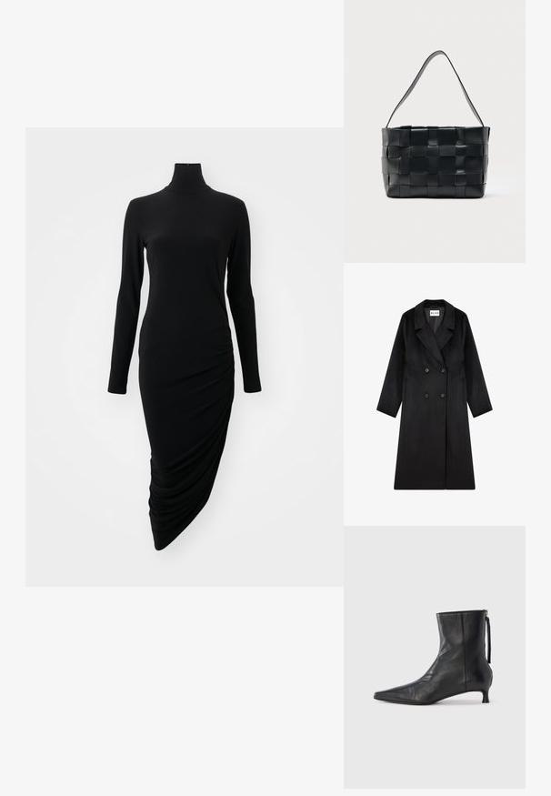 NA-KD Klassisk frakke - black; Sort langærmet kjole med høj halsudskæring, der har et rynket design på den ene side, lavet af et glat, strækbart stof.; Sort læderankelstøvle med spids tå, struktureret form og lav hæl. Har en sidesyning og minimalistisk design.; Sort læderhåndtaske med bredt vævet design og enkelt skulderrem, rektangulær form, vist mod en ensartet lys baggrund.