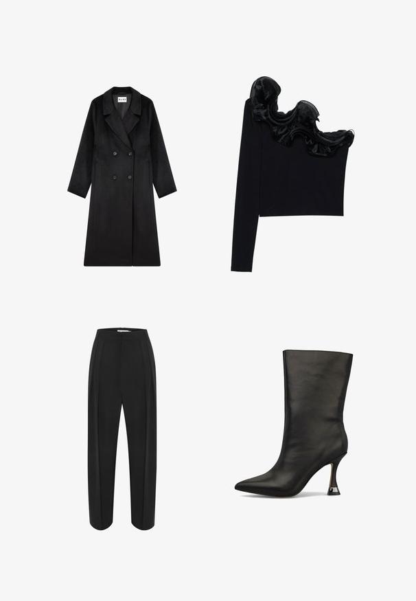 NA-KD Mantel - black; Zwarte tops met één schouder, voorzien van een ruffled doorzichtige overlay langs de halslijn, gemaakt van lichtgewicht stof met een gladde textuur.; Zwarte wijde broek met hoge taille, met een soepele textuur en twee plooien aan de voorkant. Ontworpen met een strakke, op maat gemaakte uitstraling.; Zwarte leren enkelboot met puntige neus en mid-height sculpted hak. Gladde textuur met minimale details, geen zichtbare patronen of accenten.