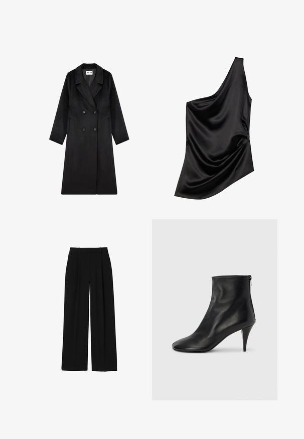 NA-KD Abrigo clásico - black; Top de satén negro con un escote asimétrico, detalle de tela drapeada y textura suave. Presenta un solo hombro y una silueta fluida.; Pantalones negros de talle alto y pierna ancha con trabillas para cinturón y pliegues delanteros, mostrados sobre un fondo blanco.; Botines de cuero negro con una textura suave, punta puntiaguda y un tacón de aguja delgado. Cuentan con una cremallera lateral para facilitar su uso.