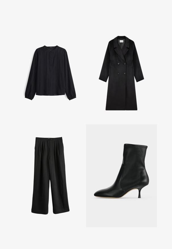 NA-KD Mantel - black; Zwarte lange mouwen shirt met verticale ribbelstructuur, ronde halslijn en knoopsluiting. Zachte stof met een iets losse pasvorm.; Zwarte, loszittende broek met een gestructureerde afwerking, wijde pijpen en een hoge tailleband met twee knopen.; Zwarte leren enkellaars met spitse neus en smalle hak van middelhoge hoogte, zijaanzicht op een lichte achtergrond.