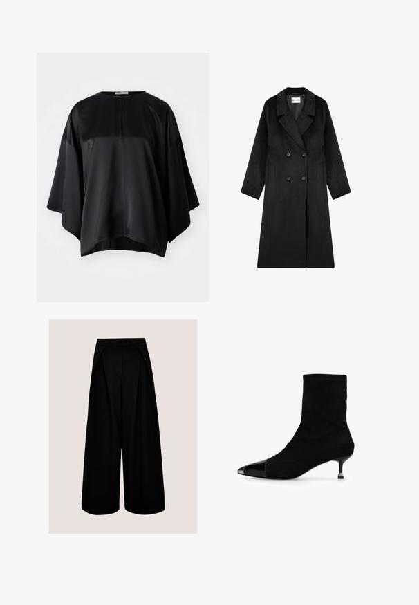 Long manteau noir croisé avec de larges revers et des poches latérales, présenté à plat avec étiquette de la marque NA-KD visible à l’intérieur du col.; Top en satin noir à coupe décontractée, avec un col rond, des manches larges et une fermeture éclair discrète au dos. Texture lisse et design minimal.; Pantalon noir à jambes larges et taille haute, avec plis et fermeture avant cachée, sur un fond clair uni.; Bottine noire à cheville avec embout métallique pointu et petit talon fin sur fond blanc.