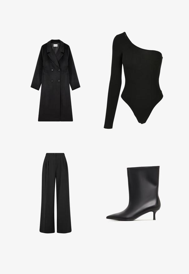 NA-KD Manteau classique - black; Bodysuit noir à épaule unique en tissu extensible, doté d'une manche longue d'un côté, d'ouvertures de jambe à taille haute et d'une silhouette ajustée.; Pantalon noir taille haute à jambes larges avec des plis à l'avant, une fermeture par bouton à la taille et une finition en tissu lisse.; Botte de cheville en cuir noir avec une finition lisse, un bout pointu et un petit talon. Design simple sans embellissements supplémentaires.