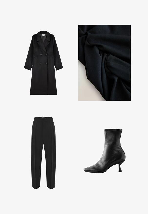 NA-KD Abrigo clásico - black; Tejido negro con textura y pliegues visibles, creando sombras y luces suaves sobre una superficie de color claro.; Pantalones de pierna ancha negros con una cintura alta, con una textura suave y dos plisados frontales. Diseñados con una silueta limpia y ajustada.; Botín de cuero negro hasta el tobillo con punta afilada, diseño ajustado y tacón bajo y acampanado, que presenta una textura suave y detalles de costura mínimos.