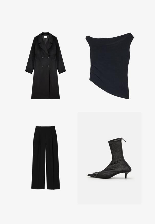 NA-KD Klassisk frakke - black; Sort, off-shoulder top med en tætsiddende design, asymmetrisk kant og blød, glat tekstur. Den har samlet stof ved halsudskæringen.; Sorte bukser med høj talje og vidde i benene med bæltestropper og forreste presninger, vist på hvid baggrund.; Sorte mesh ankelstøvler med spidse tæer, lynlås og en lille hæl. Har en dekorativ spændeaccent nær tåområdet.