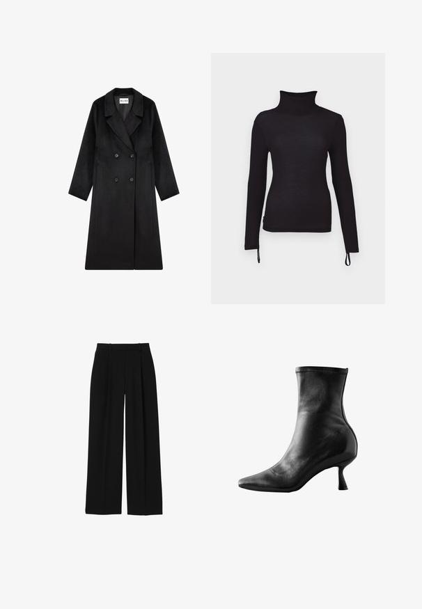 NA-KD Klassikaline mantel - black; Must musternahk, kitsas lõige, ribakujuline tekstuur, millel on reguleeritavad nöörid alläärtes, et pikkust isikupärasemaks kohandada.; Mustad kõrge vöökohaga laiade säärega püksid vööaasa ja esikokkupressidega, valgel taustal.; Must musta sügava varbaga, sobiva disainiga ja madala, flöödideta kontsaga, millel on sile tekstuur ja minimaalne õmbluste detail.