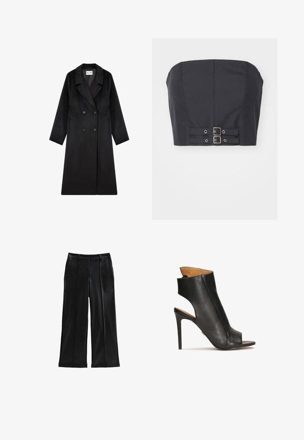 NA-KD Klassisk frakke - black; Sort cropped top uden stropper med struktureret bodice, der har syninge og dobbelte metalspænder foran til lukning.; Sorte faux læder bukser med bred benlinje, plisseringer, forlommer, en glat tekstur og en skræddersyet pasform. Har en mellem høj talje.; Sorte læder højhælede sandaler med åben tå og udskæring design. Har en stiletto hæl og en formet ankel sektion.