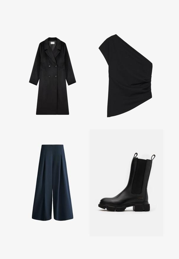 NA-KD Mantel - black; Zwart top met één schouder gemaakt van rekbare stof, met een gerimpeld zijdetail en een asymmetrische zoom. Glad textuur met een lichte drapering.; Hoge taille wijde marineblauwe broek met voorkantplooien en een gestructureerde, vloeiende silhouet.; Zwarte leren enkellaars met elastische zijpanelen, chunky rubberen zool en trekflappen. Bevat subtiele branding die op de zijkant is geperst.