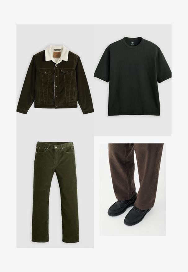 Dunkelgrüne Cordjacke mit weißem Fleece-Kragen, Knopfleiste vorne, zwei Brusttaschen mit Klappen und Seitentaschen vor einfarbigem Hintergrund.; Schwarzes T-Shirt mit kurzen Ärmeln und Rundhalsausschnitt, locker geschnitten, auf hellem grauem Hintergrund flach liegend präsentiert.; Olivgrüne Kordhosen mit geradem Schnitt, vorderem Knopf, Reißverschluss, Gürtelschlaufen und fünf Taschen auf einem weißen Hintergrund.; Schwarze Lederschuhe mit glatter Oberfläche, abgerundeter Spitze und Schnürdesign, kombiniert mit strukturierten braunen Hosen. Bodennahaufnahme.