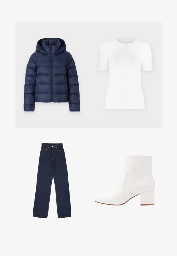Navyblaue Daunenjacke mit Kapuze, ausgestattet mit einem Reißverschluss, gestepptem Design und warmem, isolierendem Material. Geeignet für kaltes Wetter.; Weißes T-Shirt mit kurzen Ärmeln und Rundhalsausschnitt, schlanker Passform und gerippter Stoffstruktur, dargestellt vor einem schlichten hellgrauen Hintergrund.; Weite Jeans in dunkelblauem Denim, mit orangefarbenen Nähten, einem Knopfverschluss und zwei Vorder- sowie zwei Hintertaschen. Glatte Textur.; Weiße Knöchelstiefel mit glatter Oberfläche, eckiger Zehenpartie und einem Blockabsatz in mittlerer Höhe. Steppnähte betonen das minimalistische Design.