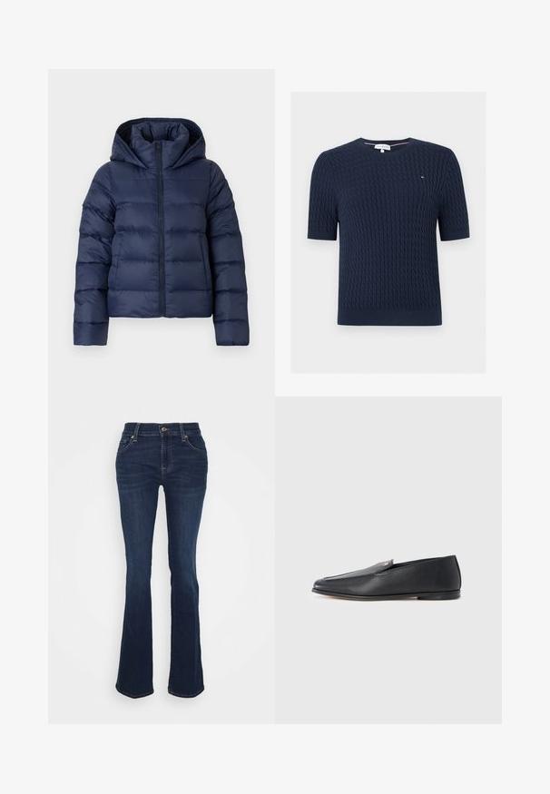 Doudoune marine avec capuche, dotée d'une fermeture éclair, d'un design matelassé et d'un matériau chaud et isolant. Convient aux temps froids.; Pull tricoté bleu marine à manches courtes avec motif torsadé, col rond et petit logo Tommy Hilfiger sur la poitrine gauche.; Jean évasé bleu foncé en denim ; taille haute, cinq poches, accents en métal doré et texture lisse avec un léger dégradé au niveau des cuisses.; Mocassins en cuir noir à texture lisse, bout arrondi et détails de couture subtils. Ils présentent un accent logo doré sur le côté supérieur.