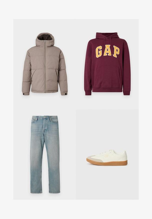 Bruin gewatteerd jack met een capuchon, voorrits, zijzakken en elastische manchetten; de stof heeft een gladde textuur met een subtiele glans.; Donkerrode hoodie met gele blokletters "GAP" op de voorkant en een kangoeroezak onder het logo.; Lichtblauwe denim jeans met een rechte pijpdesign, voorzien van klassieke vijf zakken, knoopsluiting en subtiele vervaging voor textuur.; Schoen gemaakt van wit leer met een beige teenkap en een lichtbruine rubberen zool. Voorzien van platte witte veters en reliëfbranding aan de zijkant.