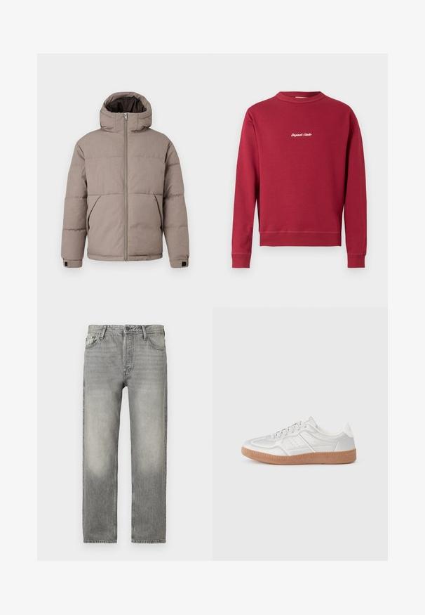 Brun polstret jakke med hætte, frontlynlås, sidelommer og elastiske manchetter; stoffet har en glat tekstur med en subtil glans.; Bordeaux sweatshirt lavet af en bomuldsblanding med rund hals, ribbede manschetter og nederste kant. Har hvidt broderet tekst "Original Studio" på forsiden.; Grå denim jeans med en afslappet pasform, der har en lysvasket finish, fem lommers design, knaplukning og lige ben.; Sølv sneakers med en glat overflade, snørebånd, perforerede detaljer og en struktureret brun gummi sål.