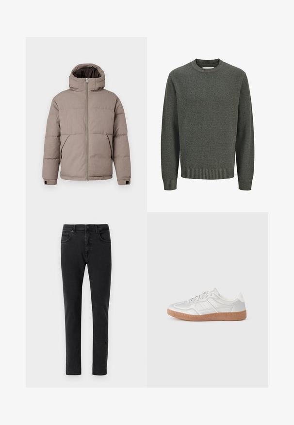 Braune gepolsterte Jacke mit Kapuze, Frontreißverschluss, Seitentaschen und elastischen Bündchen; der Stoff hat eine glatte Textur mit einem dezenten Glanz.; Langärmeliger Rundhalspullover aus strukturiertem grauem Strick mit gerippten Bündchen und Saum, dargestellt auf einem schlichten hellen Hintergrund.; Schwarze Denim-Jeans mit schmaler Passform, klassischem Fünf-Taschen-Design und minimalen Nähten. Glatte Textur, normaler Bund.; Silberne Sneakers mit glatter Textur, Schnürdesign, durchbrochenen Akzenten und einer strukturierten braunen Gummisohle.