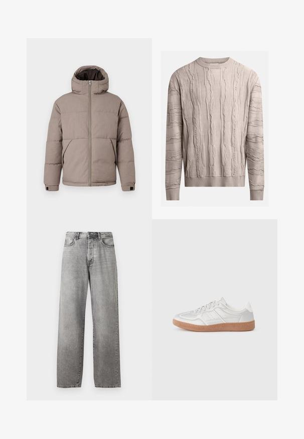Veste matelassée marron avec capuche, fermeture éclair à l'avant, poches latérales et poignets élastiques ; le tissu présente une texture lisse avec un éclat subtil.; Pull léger beige avec des motifs texturés en relief. Manches longues, col rond côtelé et ourlet. Le tissu semble doux avec un design légèrement irrégulier.; Jeans larges gris en denim. Présente une taille haute, cinq poches et une fermeture par bouton et zip. Légère décoloration sur le tissu.; Baskets argentées avec une texture lisse, un design à lacets, des accents perforés et une semelle en caoutchouc marron texturé.