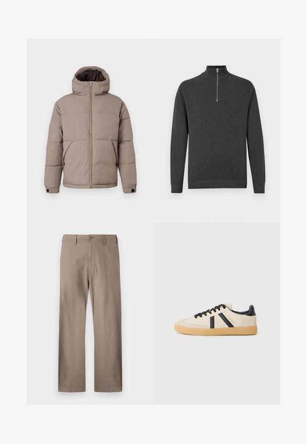 Chaqueta acolchada marrón con capucha, cierre frontal de cremallera, bolsillos laterales y puños elásticos; la tela presenta una textura suave con un ligero brillo.; Suéter gris de manga larga hecho de un tejido suave, con un cuello alto y una cremallera de un cuarto, y una textura lisa. Sin patrones ni acentos.; Pantalones rectos color beige hechos de tela ligera con cierre de botón, que cuentan con bolsillos frontales y costuras limpias.; Zapatillas casuales en crema con rayas negras, con parte superior texturizada y suela de goma. Los cordones son negros. Logo sutil en el costado.