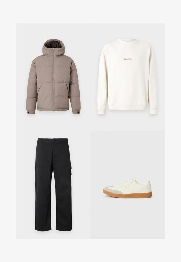 Braune gepolsterte Jacke mit Kapuze, Frontreißverschluss, Seitentaschen und elastischen Bündchen; der Stoff hat eine glatte Textur mit einem dezenten Glanz.; Cremefarbiges Sweatshirt mit geripptem Rundhalsausschnitt und Bündchen. Auf der Brust befindet sich eine kleine goldene Stickerei "Original Studio". Weicher Stoff.; Schwarze Cargo-Hosen mit geradem Bein, mehreren Seitentaschen und einem Knopfverschluss. Hergestellt aus strapazierfähigem, leichtem Stoff.; Sneaker aus weißem Leder mit einer beigen Zehenkappe und leichter brauner Gummisohle. Verfügt über flache weiße Schnürsenkel und geprägtes Branding an der Seite.