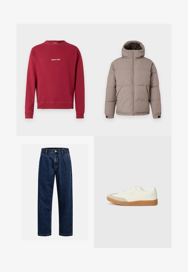 Brun polstret jakke med hætte, frontlynlås, sidelommer og elastiske manchetter; stoffet har en glat tekstur med en subtil glans.; Bordeaux sweatshirt lavet af en bomuldsblanding med rund hals, ribbede manschetter og nederste kant. Har hvidt broderet tekst "Original Studio" på forsiden.; Mørkeblå denimjeans med lige ben-design. Har synlige syninger, en knaplukning og frontfoldninger for ekstra detalje.; Sneaker lavet af hvid læder med en beige tåhætte og let brunt gummisål. Har flade hvide snørebånd og prægede branding på siden.