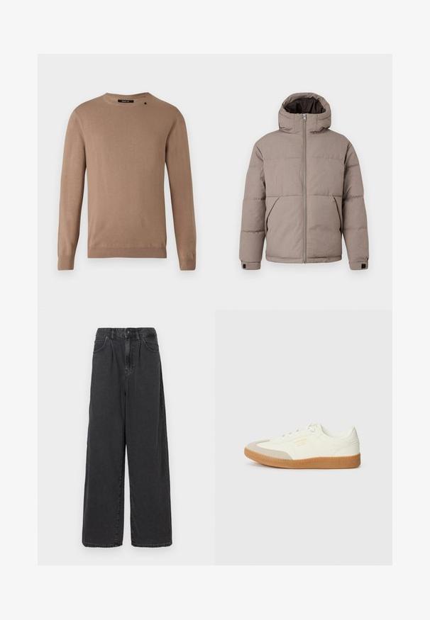 Veste matelassée marron avec capuche, fermeture éclair à l'avant, poches latérales et poignets élastiques ; le tissu présente une texture lisse avec un éclat subtil.; Pull beige à manches longues avec un col rond, fabriqué dans un tissu doux et texturé. Présente des poignets et un ourlet côtelés, ainsi qu'un petit détail de logo.; Pantalons en denim noir à taille haute, coupe large, avec une fermeture à bouton et zip à l'avant, dotés de poches latérales et d'une texture lisse.; Baskets en cuir blanc avec une coque beige et une semelle en caoutchouc marron clair. Dotées de lacets blancs plats et d'un logo embossé sur le côté.
