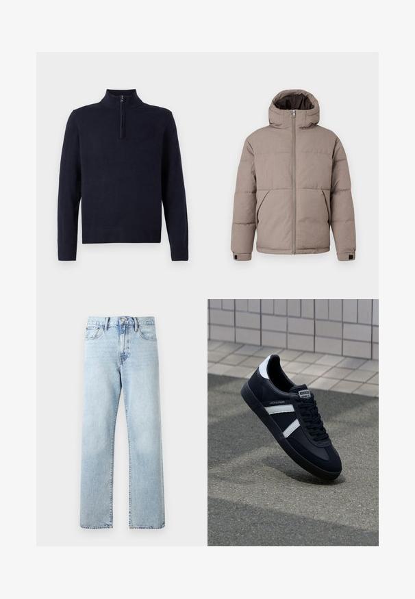 Veste matelassée marron avec capuche, fermeture éclair à l'avant, poches latérales et poignets élastiques ; le tissu présente une texture lisse avec un éclat subtil.; Pull bleu marine avec un col zippé à mi-hauteur, manches longues et bords côtelés. Texture lisse avec un détail de logo discret sur la poitrine.; Jean en denim bleu clair taille haute à jambes droites avec poches avant, fermeture par boutons et passants de ceinture sur fond uni.; Sneaker en cuir noir avec des rayures blanches, semelle en caoutchouc texturée et devant à lacets. Présente une étiquette de marque sur la languette.