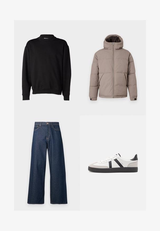 Veste matelassée marron avec capuche, fermeture éclair à l'avant, poches latérales et poignets élastiques ; le tissu présente une texture lisse avec un éclat subtil.; Sweatshirt noir avec un col montant côtelé, des manches longues et une coupe décontractée. Texture douce avec des poignets et un ourlet côtelés.; Jean à jambes larges en denim foncé avec surpiqûres orange, doté de cinq poches, d'une fermeture à boutons sur le devant et d'une silhouette droite.; Baskets blanches avec des accents noirs et gris, présentant un embout texturé gris, une semelle en caoutchouc noir et des lacets plats blancs. Design épuré, style minimaliste.