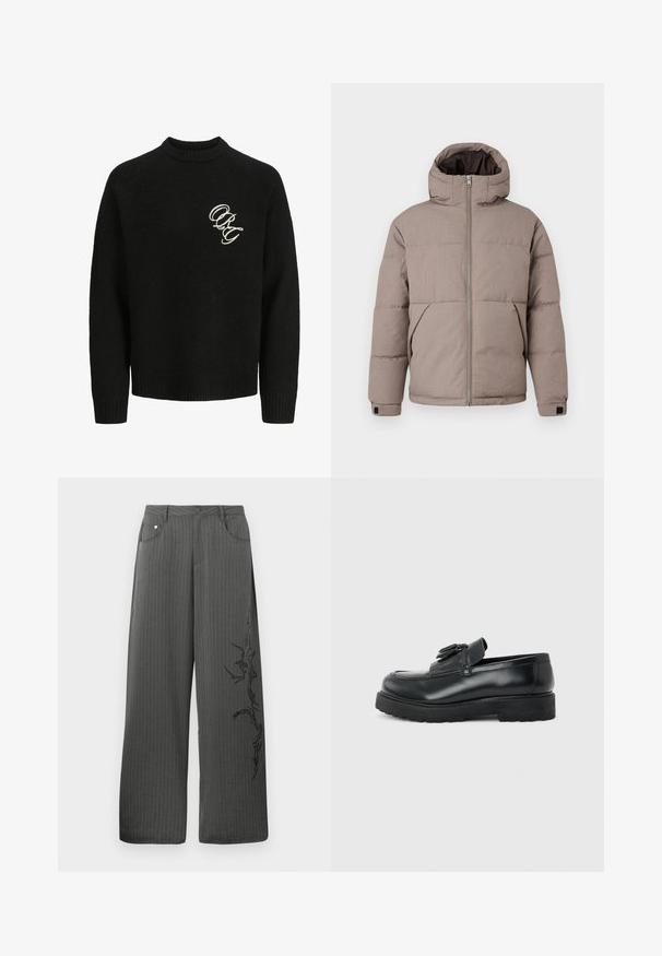 Veste matelassée marron avec capuche, fermeture éclair à l'avant, poches latérales et poignets élastiques ; le tissu présente une texture lisse avec un éclat subtil.; Pull en tricot noir avec un col ras du cou, doté de poignets et d'un ourlet côtelés. Lettres brodées "ORG" en couleur contrastante sur la poitrine.; Pantalons larges à rayures dans un tissu gris foncé, avec des poches avant et un imprimé décoratif noir sur le côté gauche.; Mocassin en cuir noir avec pampilles, semelle épaisse en caoutchouc et talon bas, présenté de profil sur un fond uni.