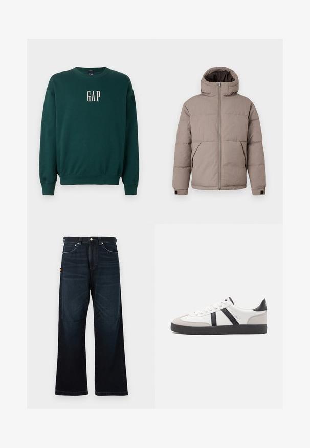 Bruin gewatteerd jack met een capuchon, voorrits, zijzakken en elastische manchetten; de stof heeft een gladde textuur met een subtiele glans.; Groene sweatshirt met lange mouwen, voorzien van geribbelde manchetten en tailleband, met een witte geborduurde "GAP"-logo op de borst. Zachte stofstructuur.; Donkerblauwe broek met rechte pijpen, klassieke vijf-pocket ontwerp, riemlussen en subtiele vervaging bij de voorkant en knieën.; Witte sneaker met zwarte en grijze accenten, voorzien van een grijze neus met textuur, zwarte rubberen zool en platte witte veters. Schoon ontwerp, minimalistische stijl.