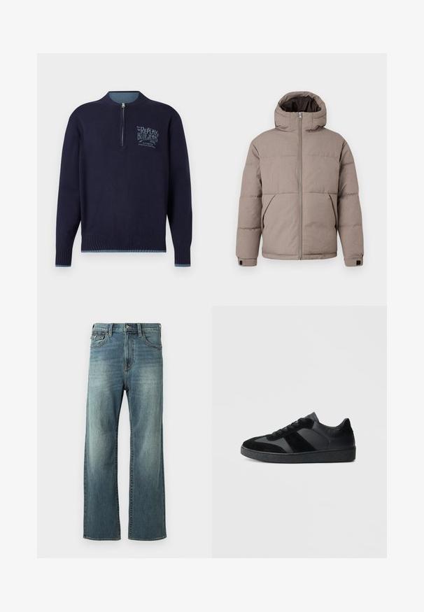 Brun polstret jakke med hætte, frontlynlås, sidelommer og elastiske manchetter; stoffet har en glat tekstur med en subtil glans.; Marineblå langærmet sweater med kvart lynlås, ribbede manchetter og kant, samt lyseblå "Replay Blue Jeans" logo på venstre bryst.; Lysblå denim jeans med lige ben, let falmet, fem lommer og bæltestropper. Har stikninger som accent og knaplukning.; Sorte sneakers med en kombination af glat læder og ruskind, med en tekstureret sort gummisål og subtil stripingdetalje.